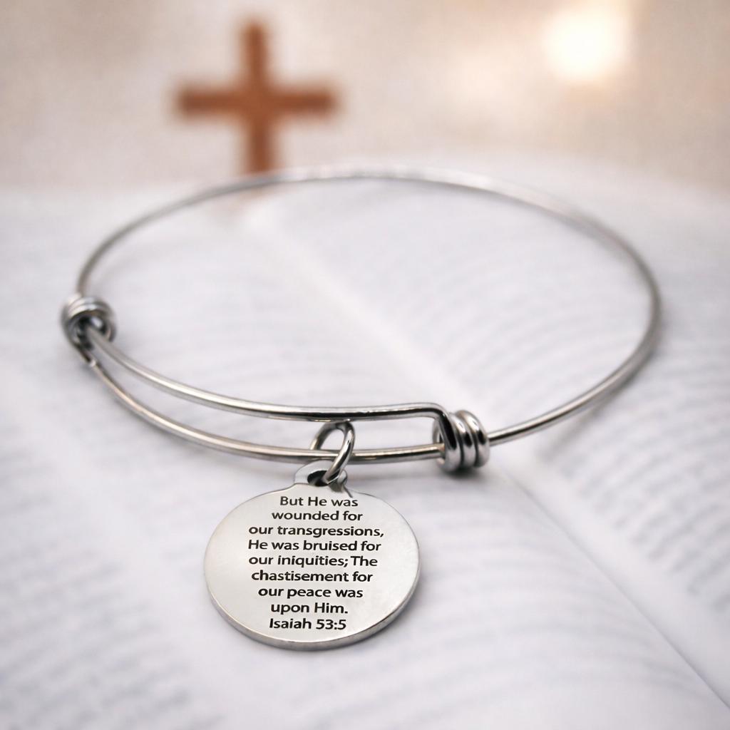 Isaiah 53:5 Scripture Bracelet Stainless Steel Faith Jewelry Christian Gift Engraved Bible Verse Bracelet