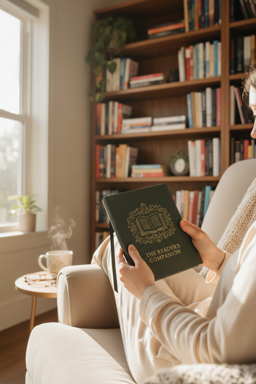 Person holding hardcover reading journal in home library