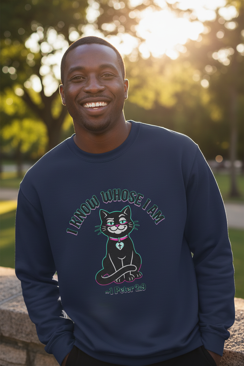 African American man wearing navy crewneck sweatshirt outdoors