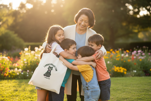 Asian grandmother with natural tote bag over shoulder with grandchildren outdoors