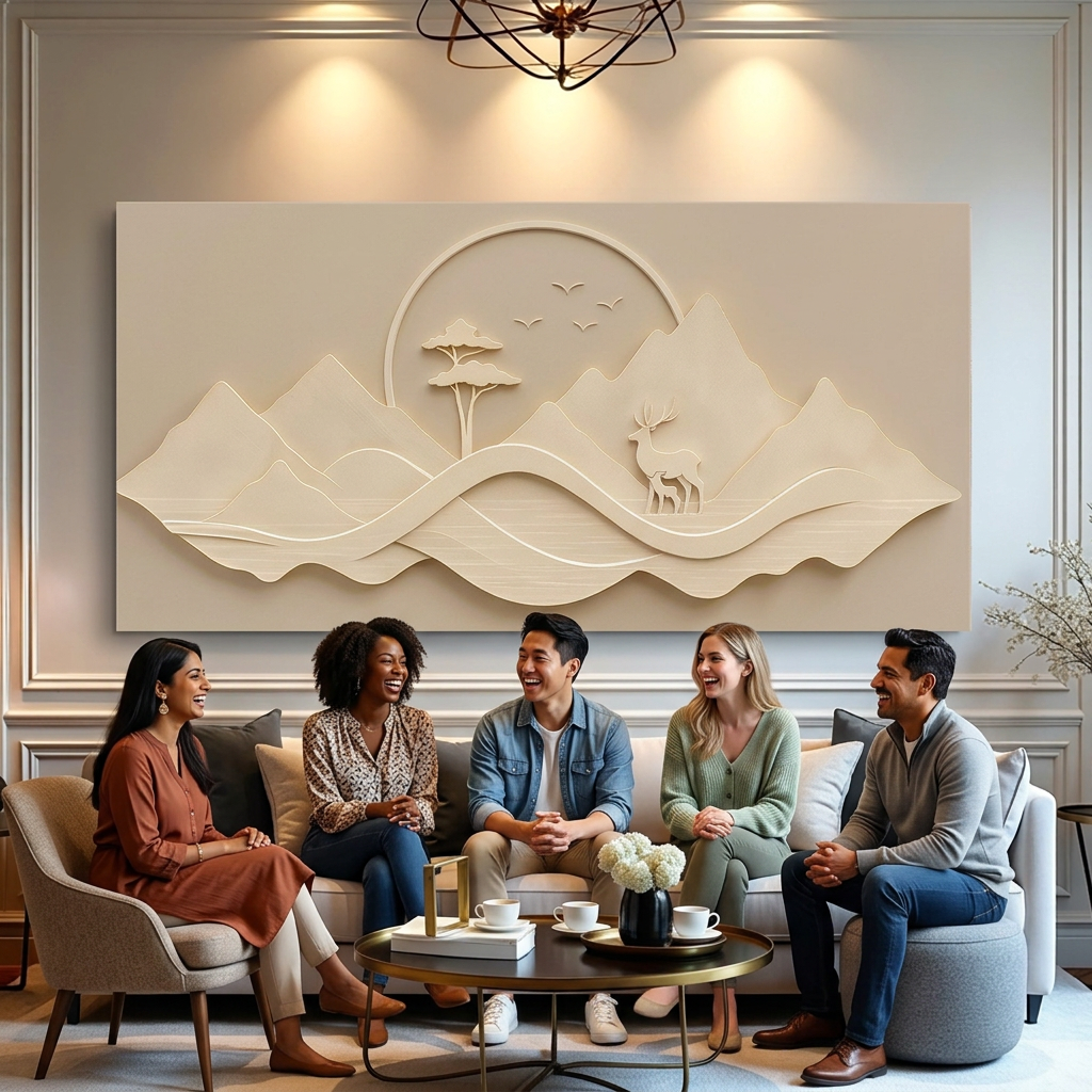 AI-generated lifestyle illustration of five adults of diverse racial backgrounds smiling and laughing in a living room beneath the mountain landscape canvas.