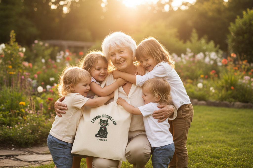 Grandmother with natural tote bag over shoulder with grandchildren outdoors