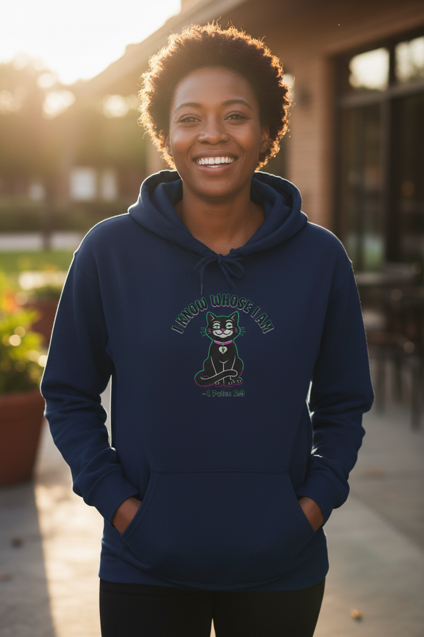 African American woman wearing navy hoodie outdoors