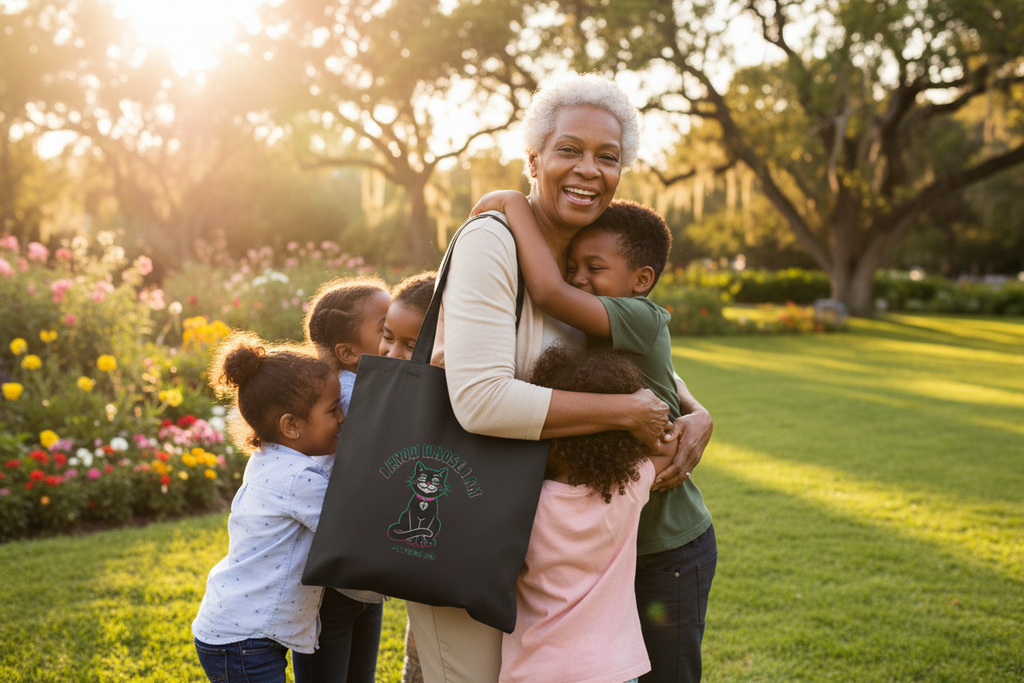 African American grandmother with black tote bag over shoulder with grandchildren outdoors