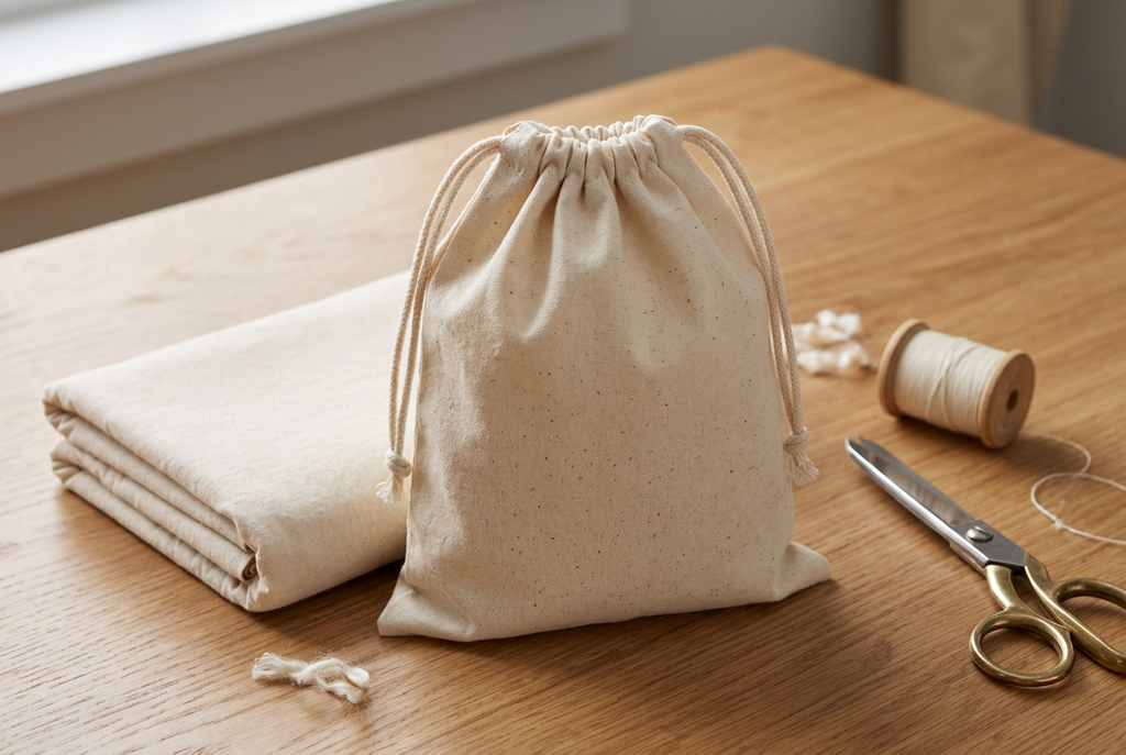 AI-generated craft inspiration showing a handmade muslin drawstring bag. Finished bag is not included.