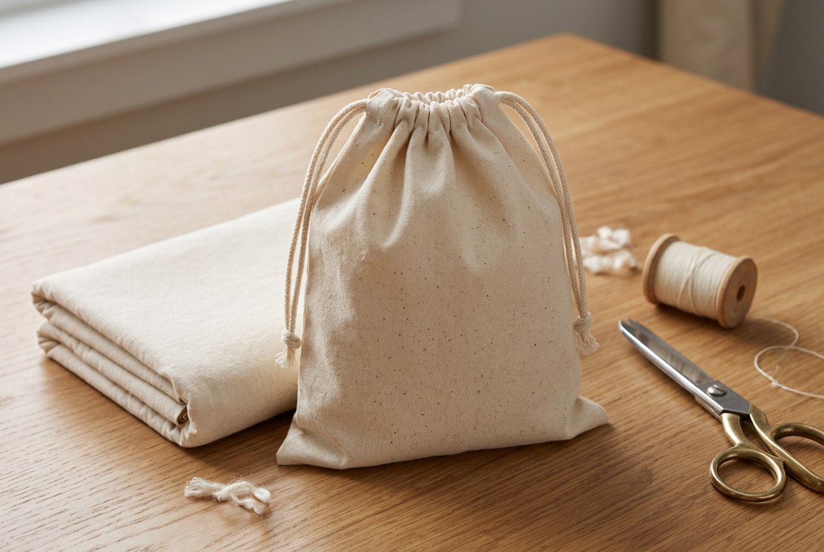 AI-generated craft inspiration showing a handmade muslin drawstring bag. Finished bag is not included.
