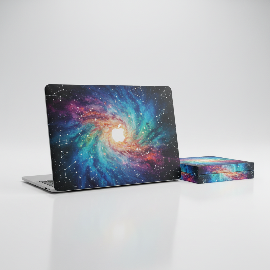 MacBook with custom vinyl skin showing vibrant design