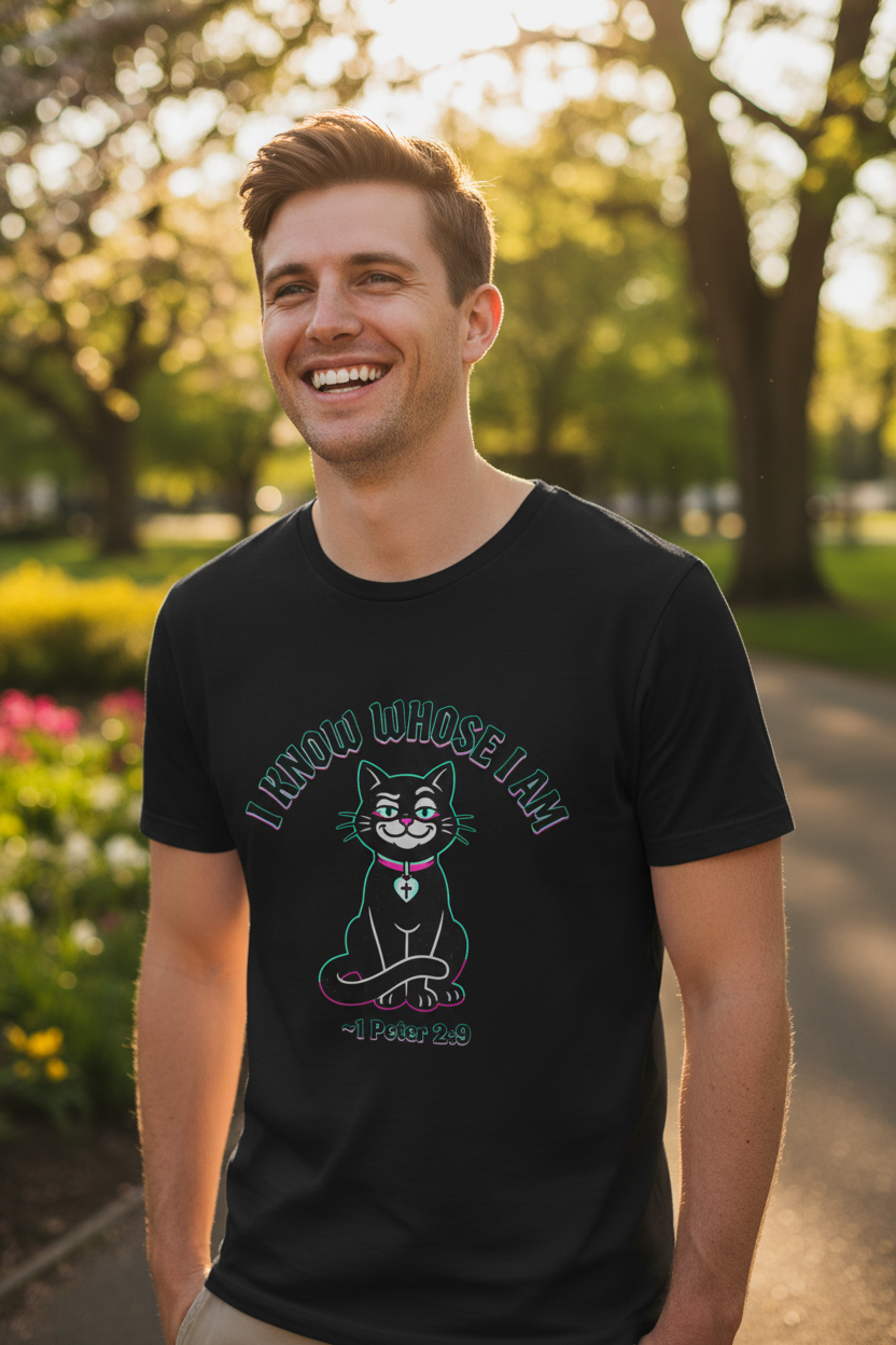 Man enjoying wearing the I Know Whose I Am tee in black outdoors