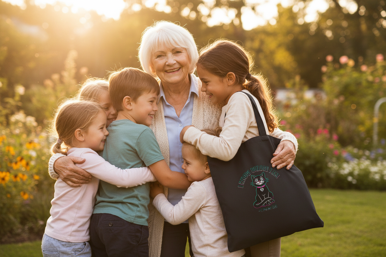 Grandmother with black tote bag over shoulder with grandchildren outdoors