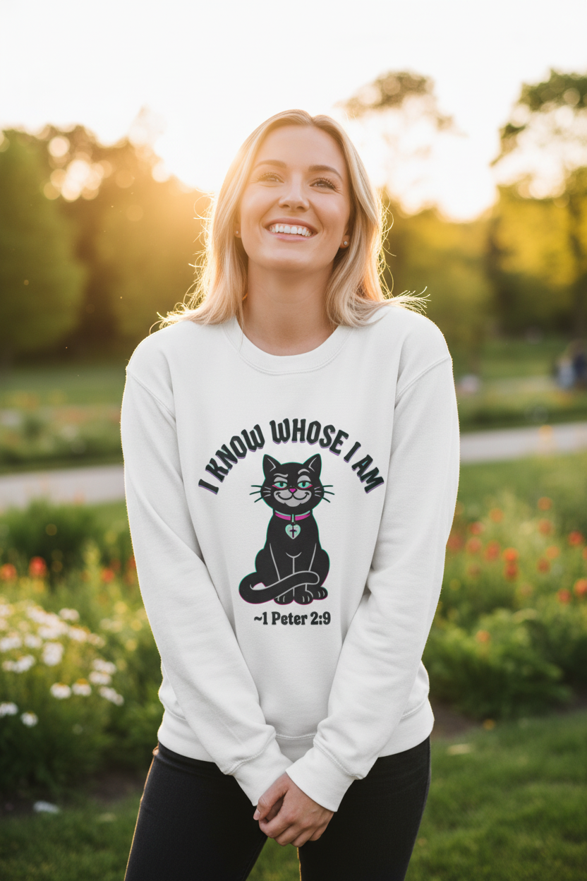 White woman wearing white crewneck sweatshirt outdoors