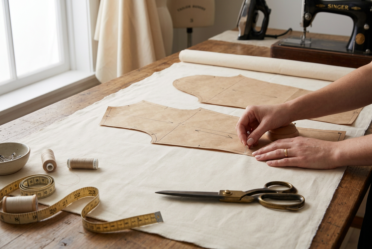 AI-generated project inspiration showing natural cream muslin with dress pattern pieces and sewing tools.