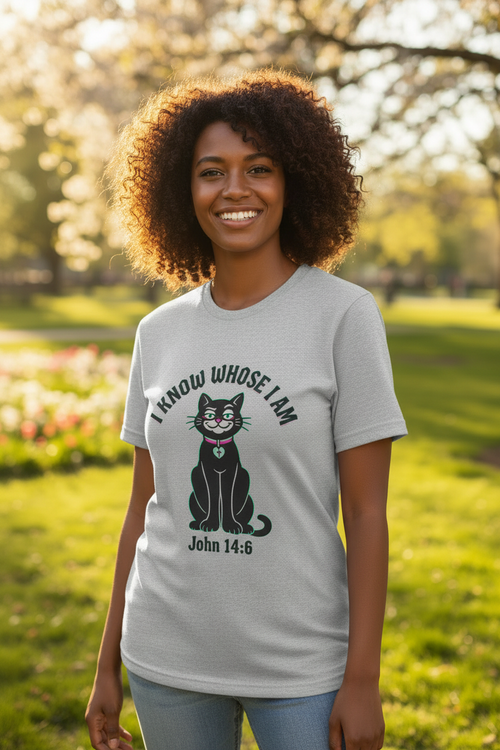 African American woman wearing athletic heather gray I Know Whose I Am tee with arms at sides showing full design