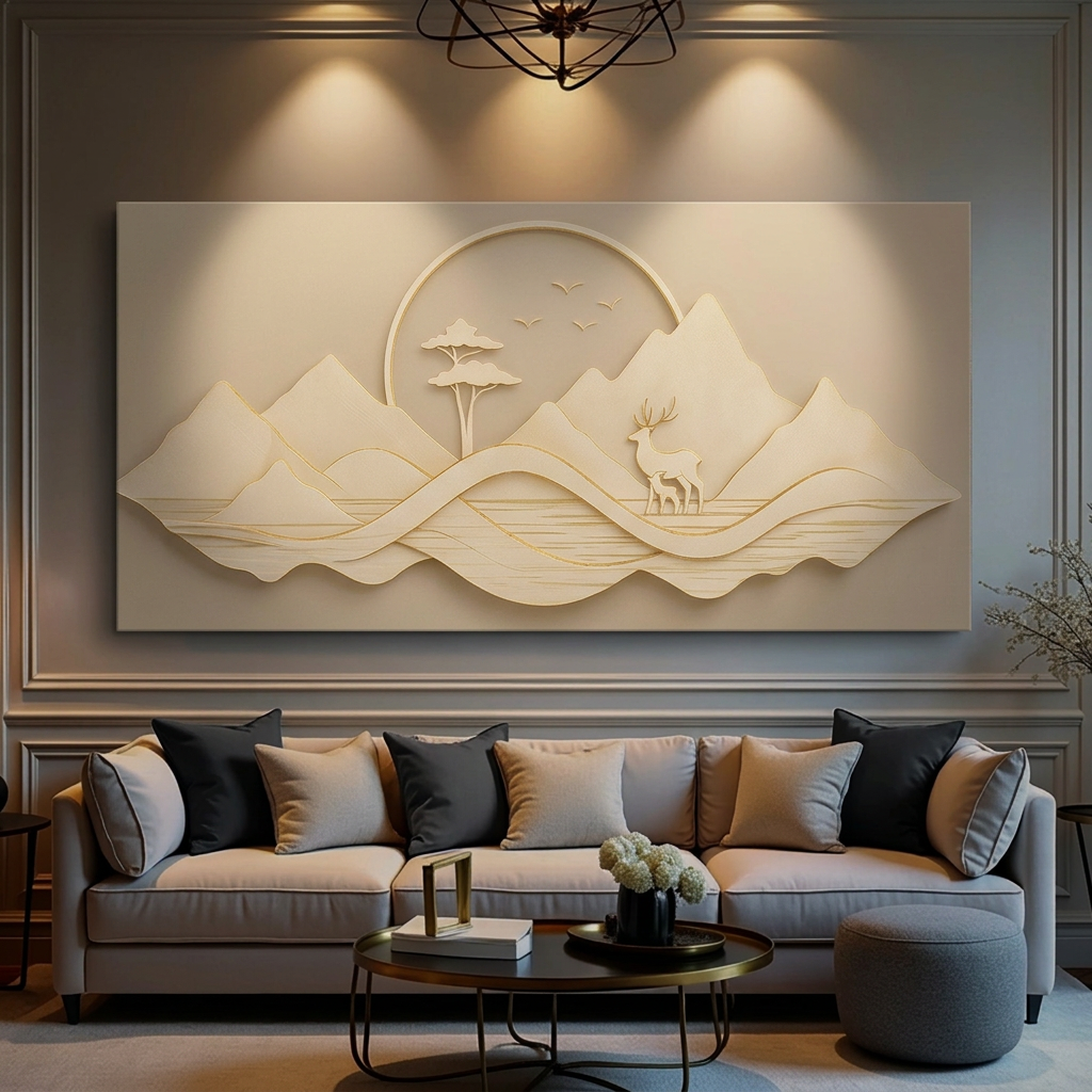 AI-generated nighttime staging of mountain landscape canvas above a sofa, illuminated by external room lighting.