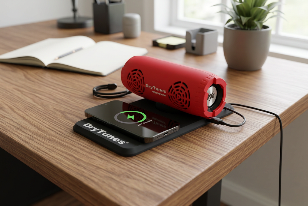 AI-generated home office illustration of DryTunes charging pad with speaker and phone. Speaker, phone, and props sold separately.
