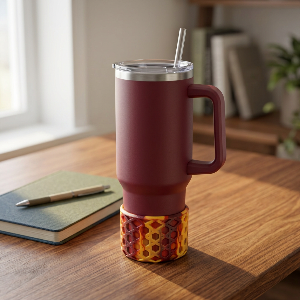 AI-generated styling illustration of an Autumn Ember boot on a burgundy tumbler at a desk. Tumbler not included; verify model compatibility.