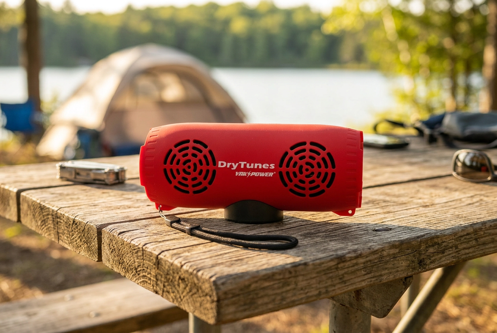 AI-generated lifestyle illustration of a Red DryTunes speaker on a picnic table at a lakeside campsite.