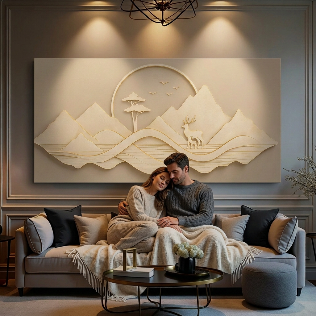 AI-generated lifestyle illustration of an adult couple cuddling on a couch beneath the mountain landscape canvas in a warmly lit nighttime room.