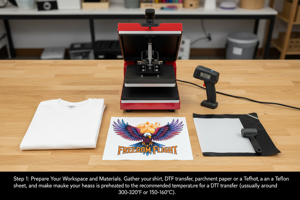 Applying DTF transfer to t-shirt with heat press