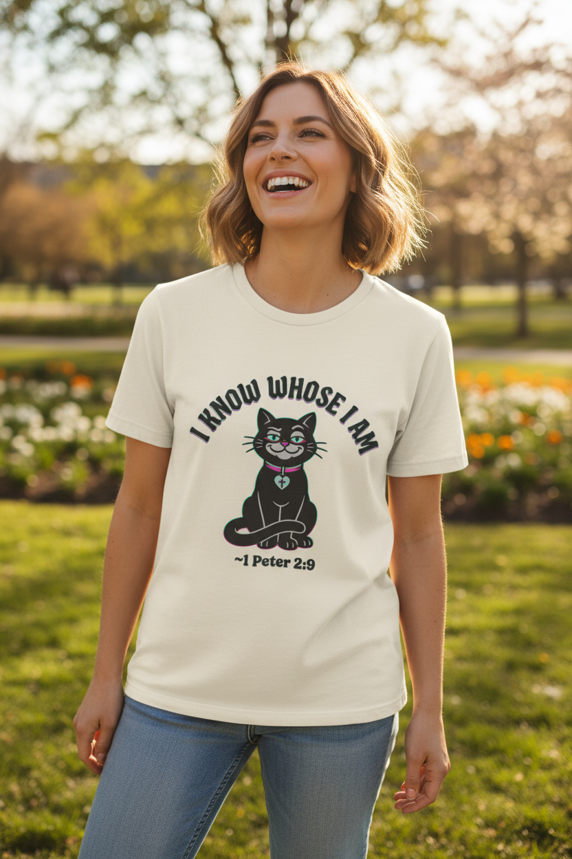 Person enjoying wearing the I Know Whose I Am tee in natural color outdoors