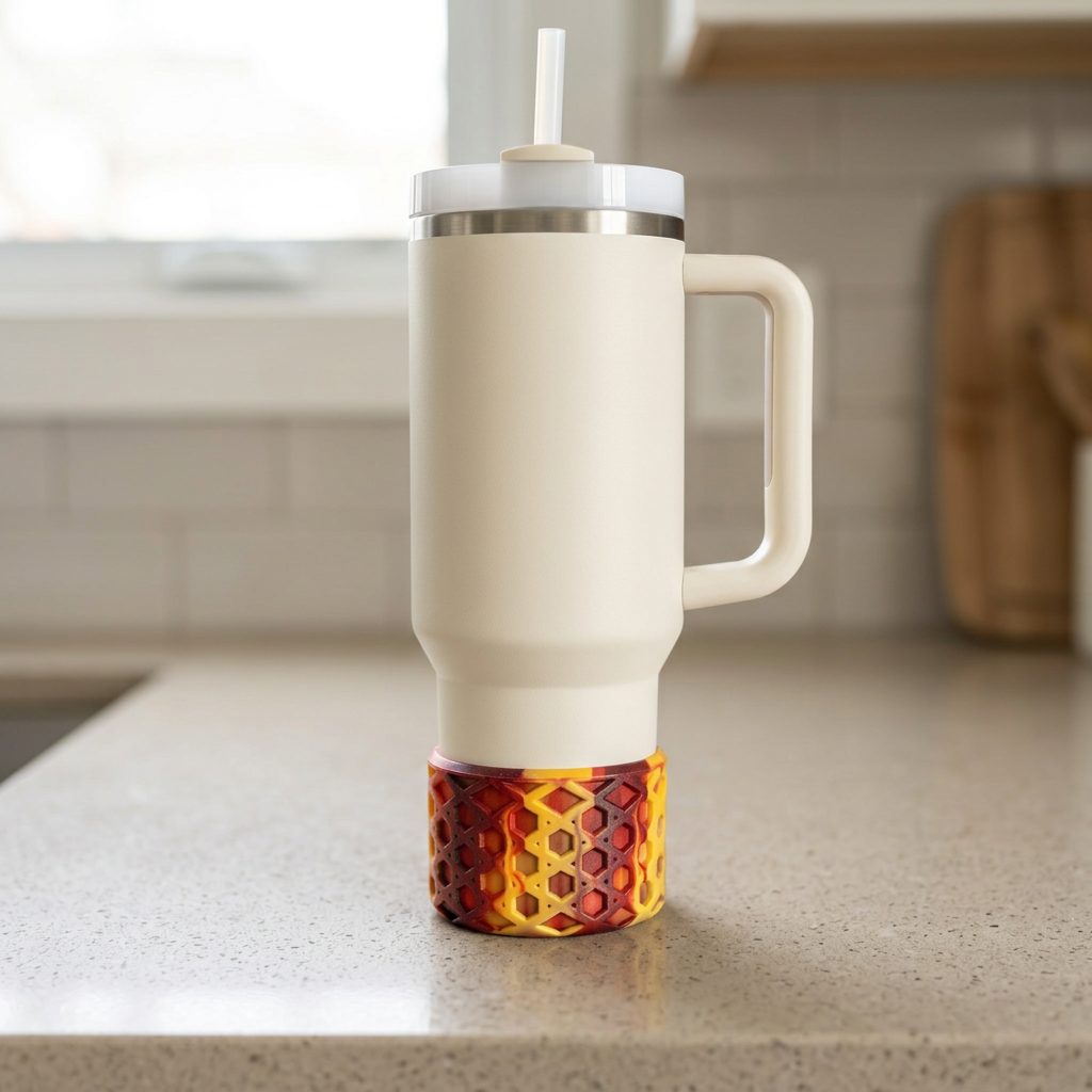 AI-generated styling illustration of an Autumn Ember boot on a cream tumbler. Tumbler not included; verify model compatibility.