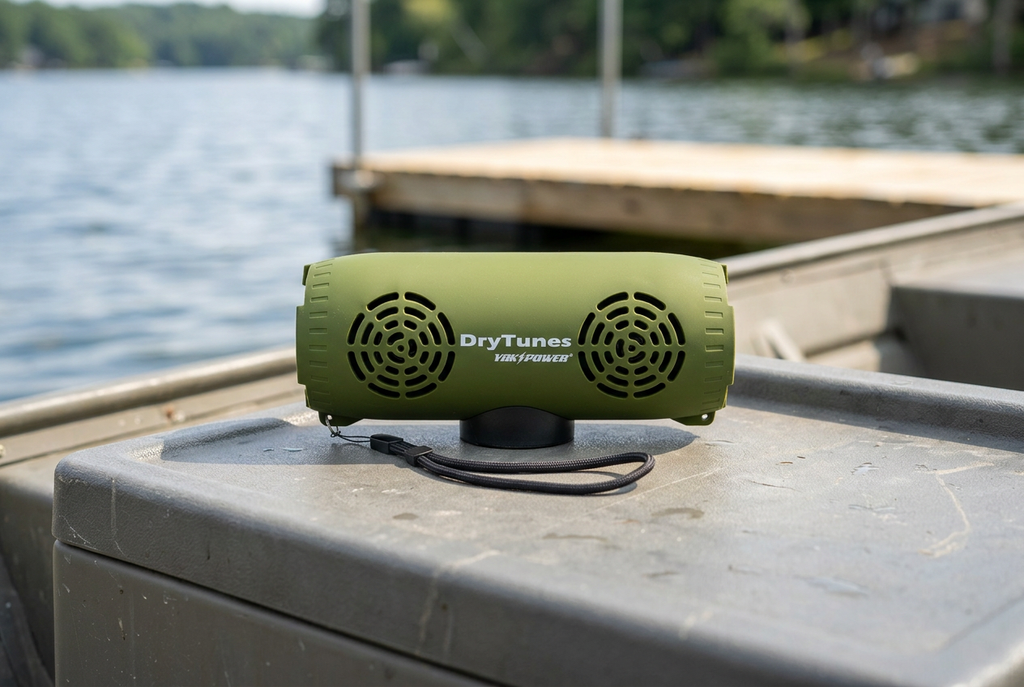 AI-generated lifestyle illustration of an Olive Green DryTunes speaker on a dry boat console.