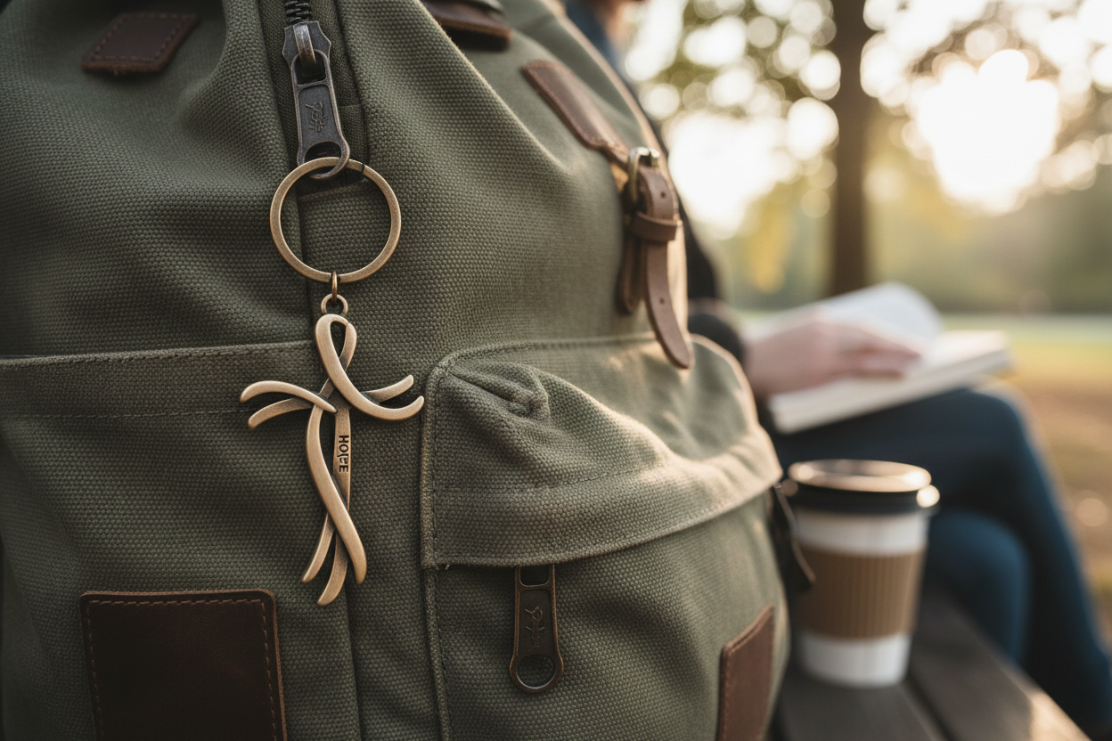 Scripture cross keychain clipped to backpack