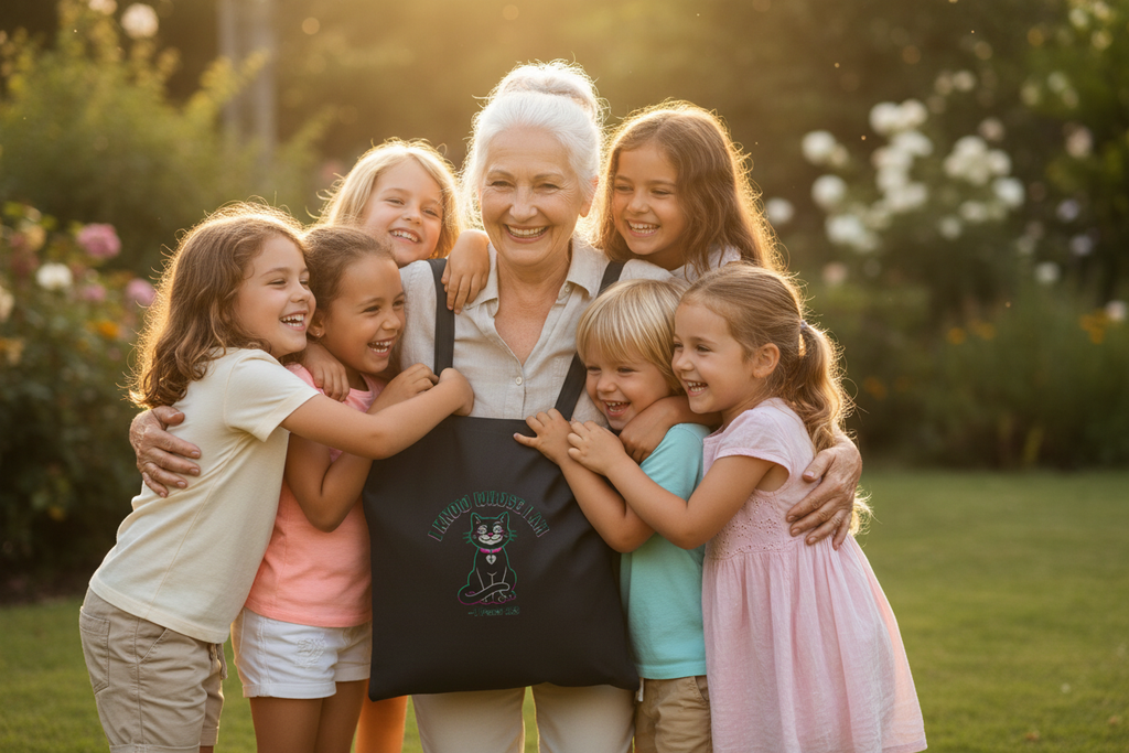 Grandmother holding black tote bag with grandchildren outdoors
