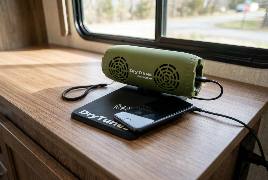 AI-generated RV illustration of DryTunes charging pad with speaker and phone. Speaker, phone, and props sold separately.