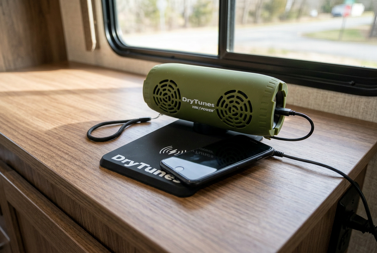 AI-generated RV illustration of DryTunes charging pad with speaker and phone. Speaker, phone, and props sold separately.